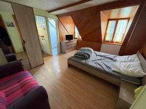 een slaapkamer met een bed en een tv erin bij Résidence Les Cascades in Le Mont-Dore
