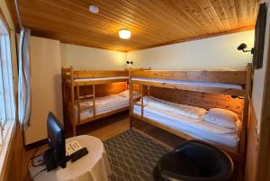 2 stapelbedden in een kamer met een bureau bij Kolbackens Camping & Stugby in Åsarna