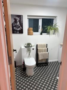 a bathroom with a toilet and a window at The Cozy Forge in Horley