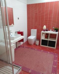 een rood betegelde badkamer met een toilet en een wastafel bij Ednas Place - Tranquilidade e Natureza in Caminha