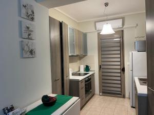 a small kitchen with a sink and a refrigerator at Oikos Apartment in Hanioti