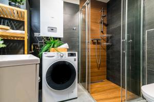 a washing machine in a bathroom with a shower at Apartmán U Hluboké studny in Rakovník +17 photos