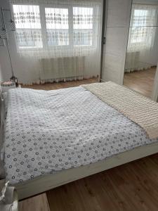 a large bed in a room with windows at Apartament in Suceava