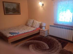 a small bedroom with a bed and a window at Agroturystyka u Psotki in Kuźmina