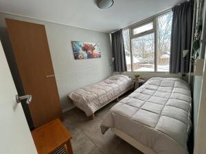 a bedroom with two beds and a window at Huisje 118 bungalowpark Simpelveld in Simpelveld