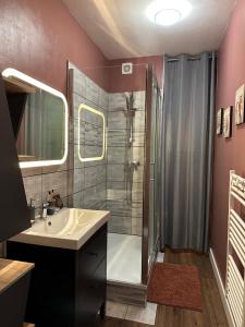 a bathroom with a shower and a sink and a shower at Le P'tit Croissant in Bayeux +5 photos