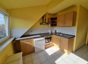 a small kitchen with yellow walls and a window at Süße Marie 6 in Karlsruhe