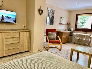 a living room with a tv on the wall at Willa Avita in Karpacz +23 photos