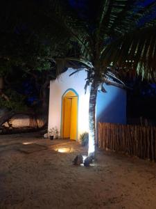 a palm tree in front of a house with a yellow door at Vila Borogodó- Casa in Barra Grande +7 photos