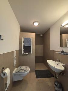 a bathroom with a toilet and a sink at Am Dollespark in Bodenheim