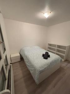 a bedroom with a bed with a black object on it at Appartement 6 personnes avec jacuzzi in Torcy