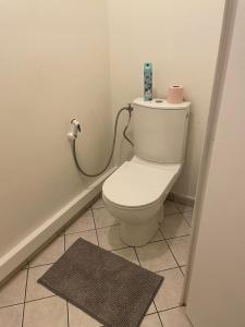 a bathroom with a toilet in a room at Appartement 6 personnes avec jacuzzi in Torcy