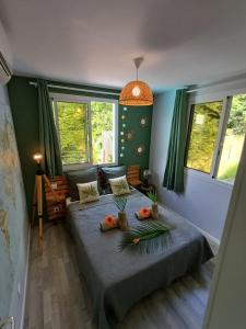 a bedroom with a bed and two windows at Lodge Eden Caraibes 6p avec piscine privée 6x3 in Sainte-Anne