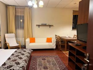 a hotel room with a bed and a couch and a table at Holiday Studio in Kozin