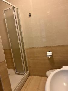 a bathroom with a shower and a sink and a toilet at Holiday Studio in Kozin +2 photos