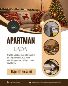 a flyer for a christmas living room with a christmas tree at Apartman Lada in Bijeljina