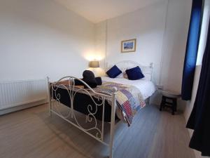 a bedroom with a bed with blue pillows at Lavender lane cottage in Tralee