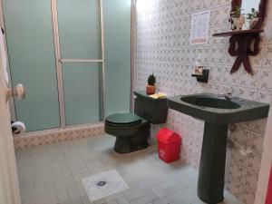 a bathroom with a green toilet and a sink at La Acuarela, Posada de La Monita in Pereira +27 photos