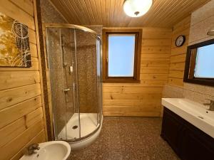 a bathroom with a shower and a sink at WOOD house in Skhidnitsa +20 photos