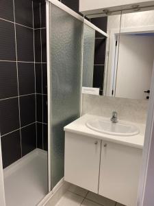 a bathroom with a sink and a shower at Residentie Sofie in Koksijde +8 photos