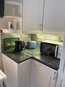 a kitchen counter with a coffee maker and a microwave at Nietos Aurora in Ylitornio +15 photos