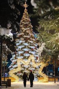 メスティアにあるShgedi Mestiaのクリスマスツリーの前を歩く二人