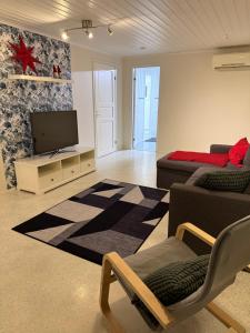 a living room with a couch and a television at Nietos Aurora in Ylitornio