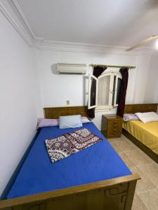 a bedroom with two beds and a blue bed at Spacious Villa with Pool and Sea View in Dawwār ‘Abd Allāh