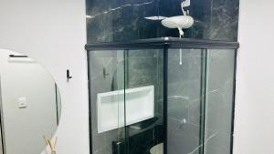 a bathroom with a glass shower with a mirror at Pousada Ventos in Chapada dos Guimarães +15 photos