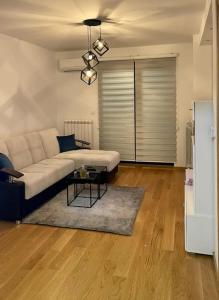 a living room with a couch and a table at Apartman Hilandarska in Lukavica