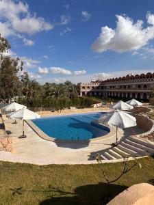 a large swimming pool with umbrellas and a building at Happy Oasis Hotel in Siwa