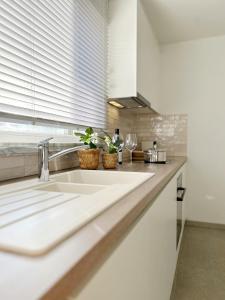 a kitchen counter with a sink and a window at Villa Duin 33 in Westende +16 photos