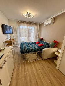 a living room with a bed and a couch at Studio Cosy et élégant avec Terrasse in Caluire-et-Cuire