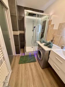a washing machine in a bathroom with a shower at Studio Cosy et élégant avec Terrasse in Caluire-et-Cuire