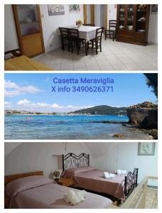 twee foto's van een kamer met twee bedden en de oceaan bij Casetta meraviglia in Gaeta