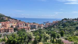 a city with buildings and the ocean in the background at Monolocale La torre in Rio Marina