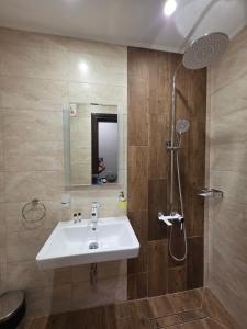 a bathroom with a sink and a shower at Хотел Ресторант Ваката in Teteven