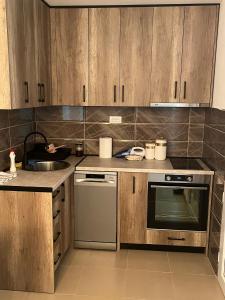 a kitchen with wooden cabinets and a sink and a dishwasher at NiLa in Ivanjica