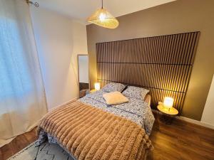 a bedroom with a bed with a brown blanket and two lamps at L'appartement du Château in Pfastatt
