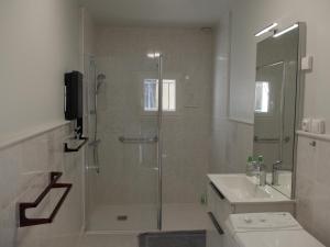 a bathroom with a shower and a toilet and a sink at Gite La Cueille in Saint-Claude