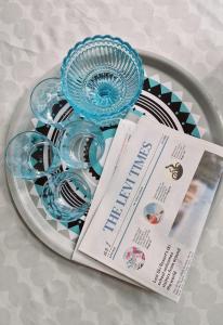 een bord met blauwe glazen platen en een boek bij Levin Lumienkeli A6 in Levi