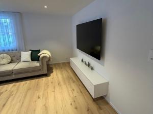 a living room with a couch and a flat screen tv at Deine Auszeit mit Alpenblick in Kandergrund