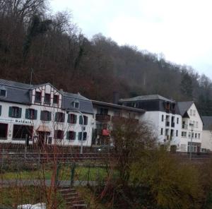 a large white building with a hill in the background at Hotel Balduin - Natur & Flussblick in Balduinstein