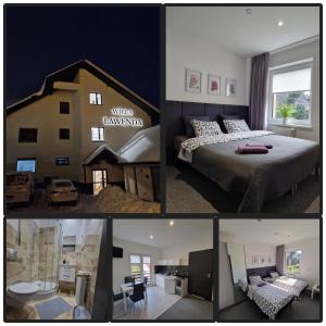 een collage van vier foto's van een slaapkamer bij Willa Lawenda Apartament 2 in Rytro