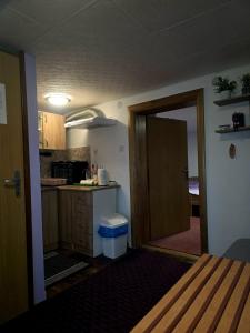 een keuken met een deur naar een keuken met een aanrecht bij Studio apartman Big Lili in Popovača