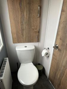 a bathroom with a toilet and a wooden door at Annas Escape Burnside Moray in Fochabers +7 photos