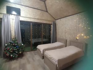 a room with two beds and a christmas tree at Green Paradise in Ijevan
