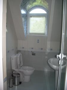 a bathroom with a toilet and a sink and a window at Hotel Avis in Sandanski