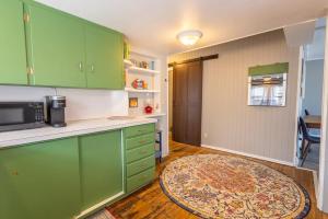 a kitchen with green cabinets and a rug at Rustic 2 Bedroom Boho Apartment in Laramie