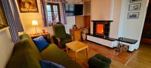 een woonkamer met een bank en een open haard bij Chalupa Rejvíz in Rejvíz